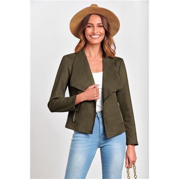 Women’s Faux Suede Jacket –Fall Long Sleeve Cropped Coat - Picture 4 of 7